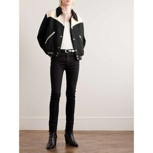 CELINE Black Jack Teddy Cream Leather-Trimmed Wool-Blend Varsity Jacket 46 US S